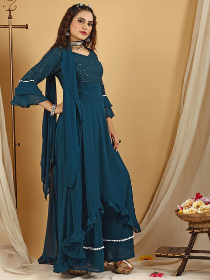 Dhiyona KL Floral Embroidered Regular Sequinned Anarkali Kurta With Palazzos & Dupatta