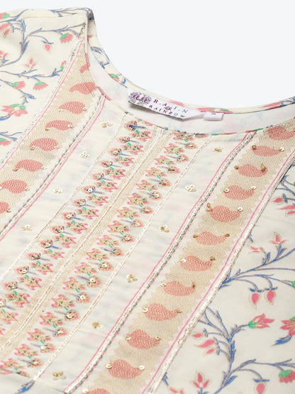 Dhiyona RR Women's Cream-Coloured Printed Pure Cotton Kurta with Trousers & Dupatta