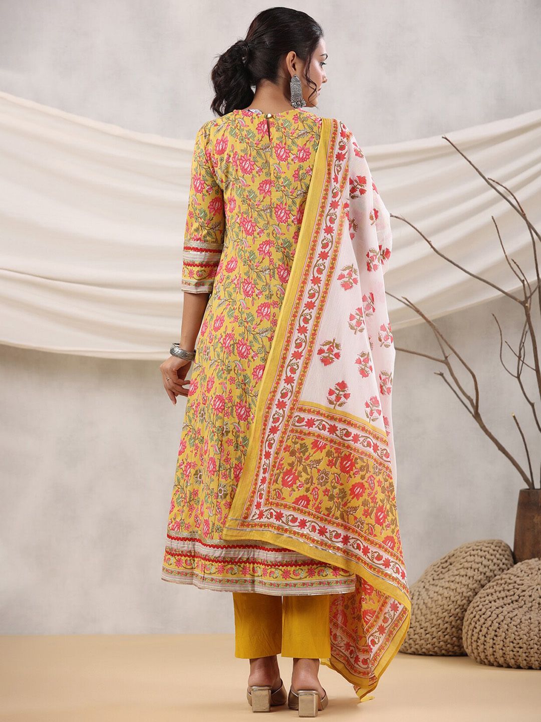 Dhiyona RR Women's Floral Printed Sequined Anarkali Pure Cotton Kurta with Trousers & Dupatta