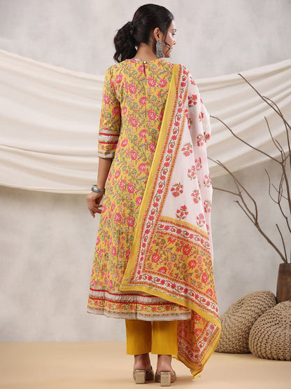 Dhiyona RR Women's Floral Printed Sequined Anarkali Pure Cotton Kurta with Trousers & Dupatta