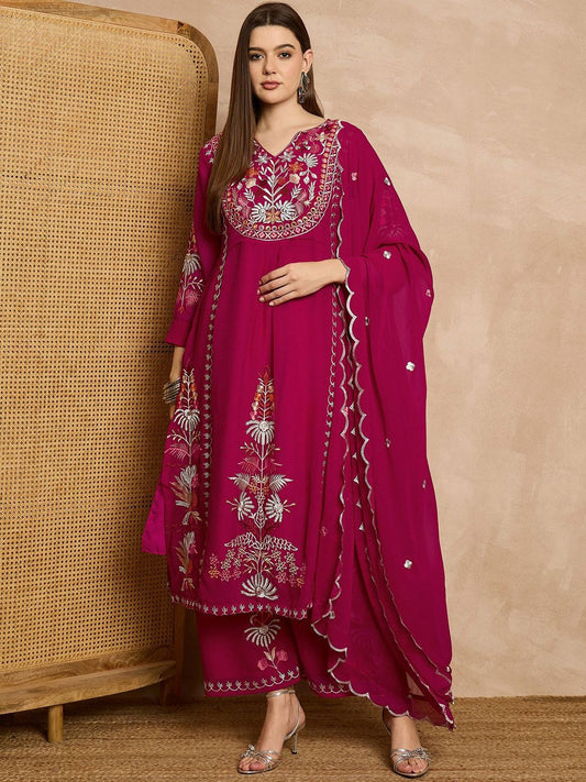 Dhiyona KL Floral Embroidered Thread Work Kurta with Palazzos & Dupatta