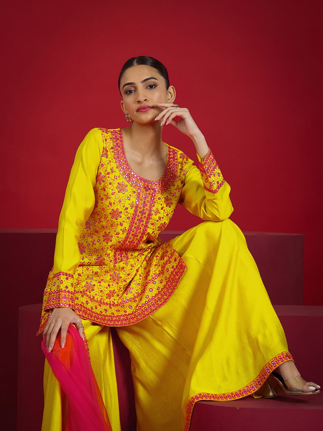 Dhiyona LL Floral Embroidered Mirror Work Straight Kurta With Palazzos & Dupatta