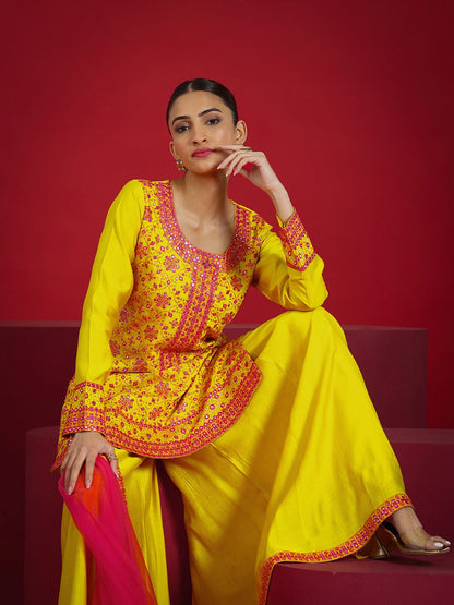 Dhiyona LL Floral Embroidered Mirror Work Straight Kurta With Palazzos & Dupatta