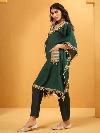 Dhiyona IS Women's Women Solid Embroidered Kaftan Kurta with Trousers