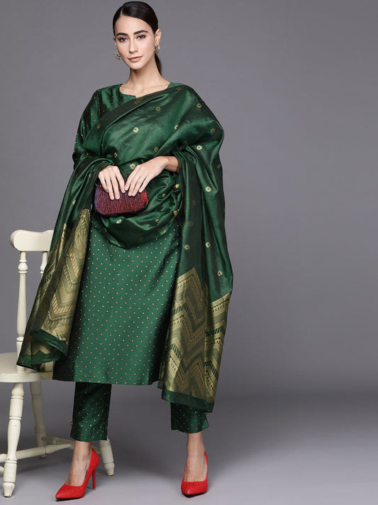 Self Design Printed Notch Neck Striaght Kurta With Trousers And Dupatta