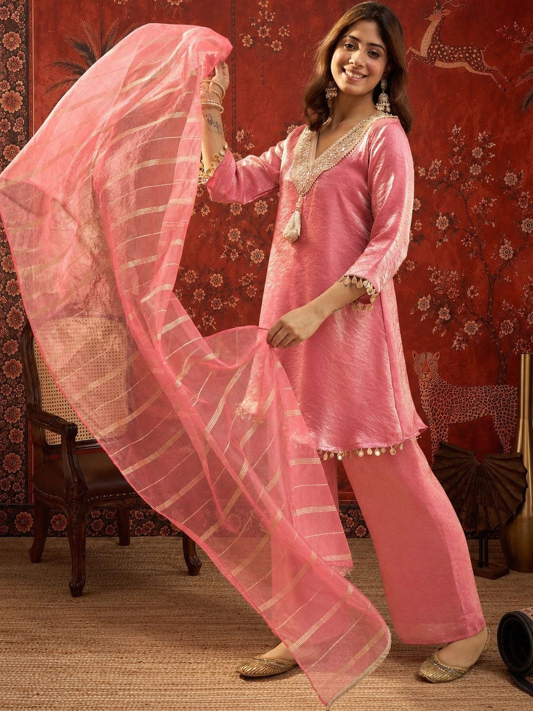Women Regular Gotta Patti Pure Silk Kurta with Trousers & With Dupatta