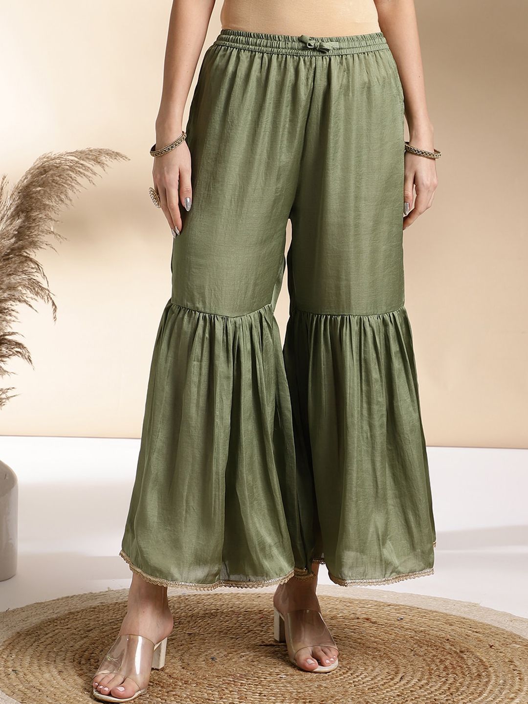 Dhiyona AN Green Ethnic Motifs Printed Straight Pure Silk Kurta With Sharara & Dupatta
