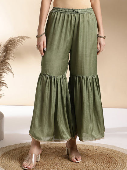Dhiyona AN Green Ethnic Motifs Printed Straight Pure Silk Kurta With Sharara & Dupatta