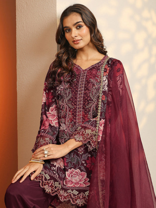 Women Floral Printed Regular Thread Work Kurta with Trousers & With Dupatta