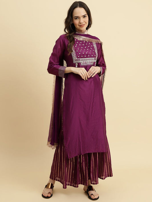 Dhiyona KL Yoke Design Embroidered Chanderi Silk Straight Kurta With Sharara & Dupatta