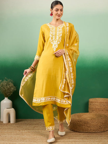 Mustard Yellow Floral Embroidered Straight Kurta With Trousers & Dupatta