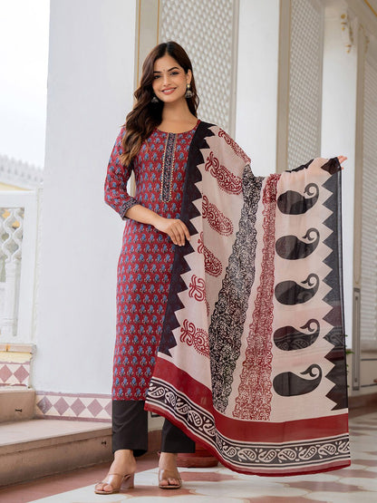 Dhiyona KL Ethnic Motifs Printed Regular Straight Kurta with Trousers & Dupatta
