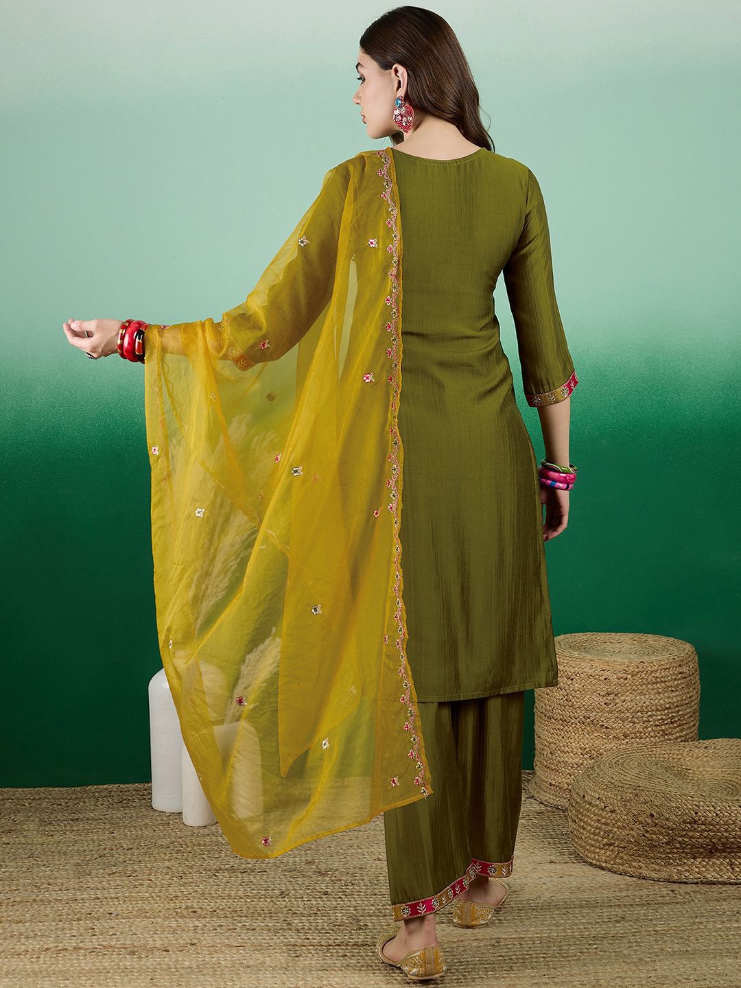 Dhiyona SN Embroidered Zari Sequence Straight Kurta Palazzo & Dupatta Set
