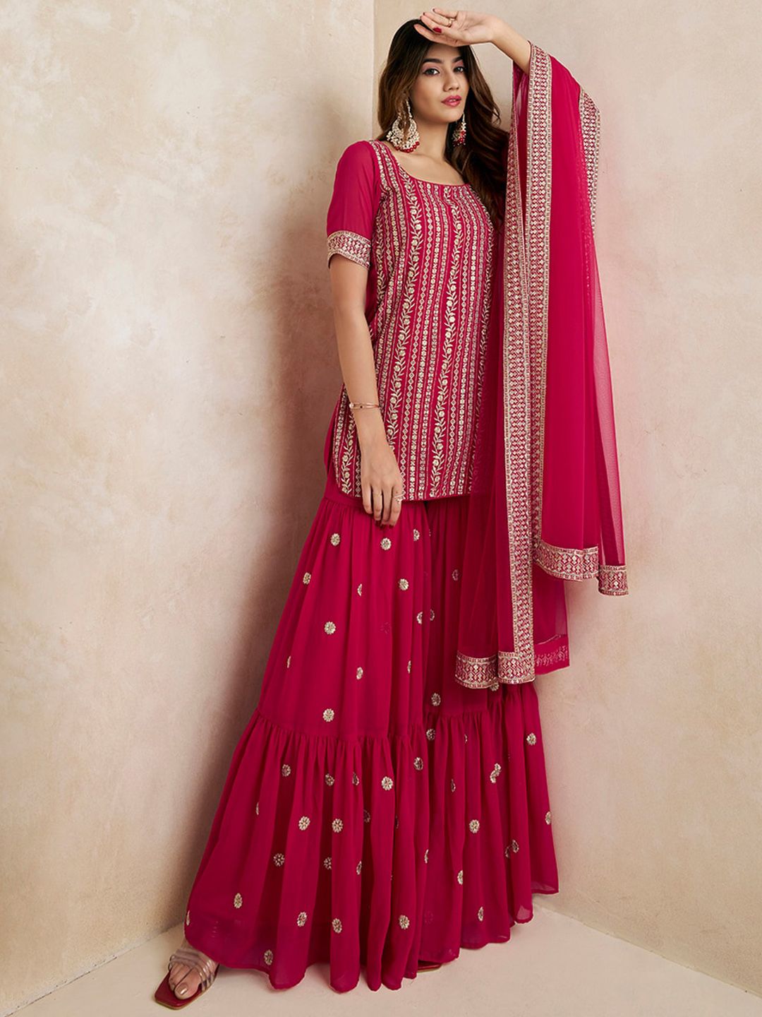 Dhiyona IN Magenta Floral Embroidered Straight Kurti & Sharara With Dupatta