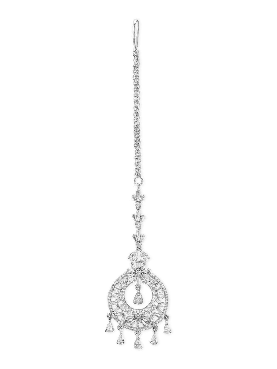 Dhiyona RJ Women's Silver-Plated Cubic Zicronia Studded Premium Maang Tikka