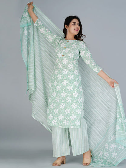 Dhiyona KL Floral Printed Regular Pure Cotton Kurta with Palazzos & With Dupatta