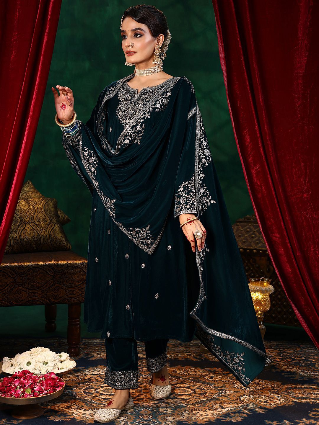 Dhiyona LL Floral Embroidered Straight Sequinned Velvet Kurta with Palazzos & Dupatta