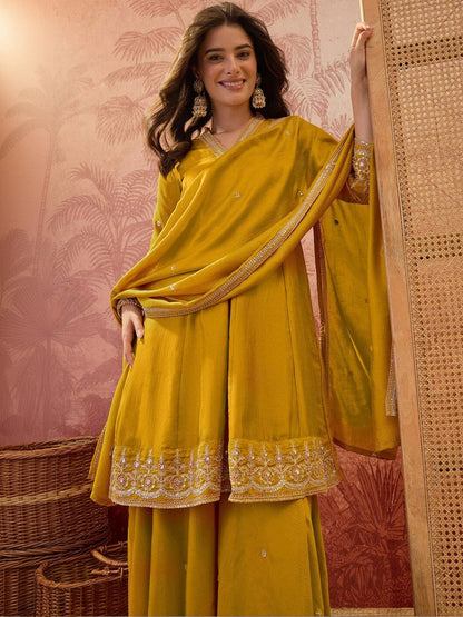 Embroidered V-Neck Kurta & Sharara With Dupatta