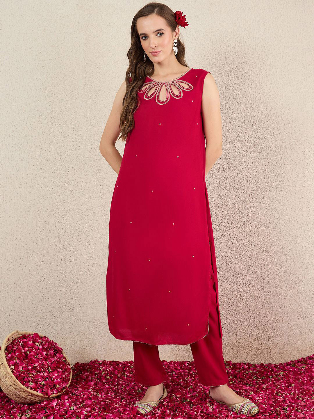 Women Solid Embroidered Kurta with Trousers