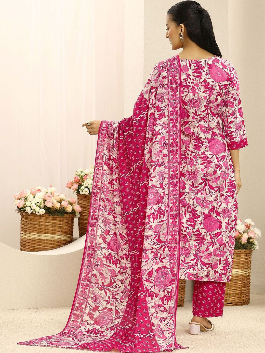 Women Floral Printed Regular Thread Work Kurta with Trousers & With Dupatta