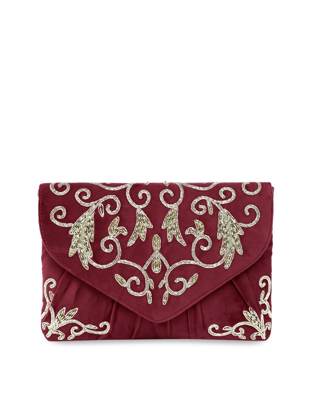 Dhiyona NR Women Maroon And Gold Toned Embroidered And Sequins Embellished Clutches