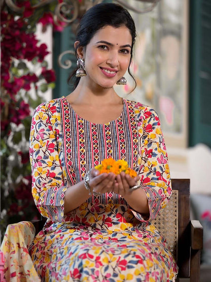 Dhiyona KL Floral Printed Regular Mirror Work Pure Cotton Kurta With Trouser & Dupatta