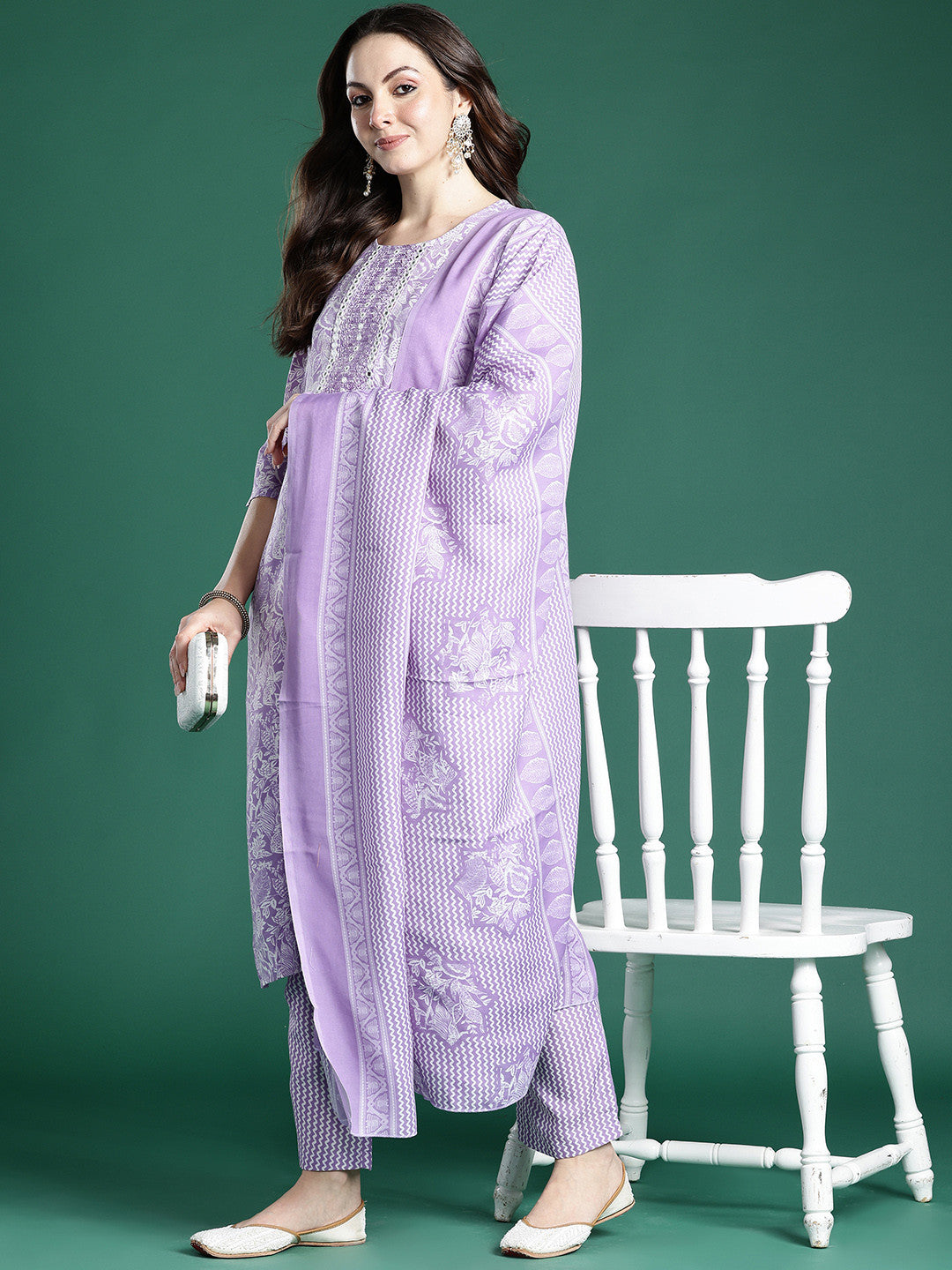Floral Printed Kurta with Trousers & Dupatta