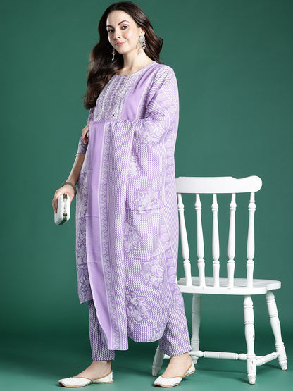 Floral Printed Kurta with Trousers & Dupatta