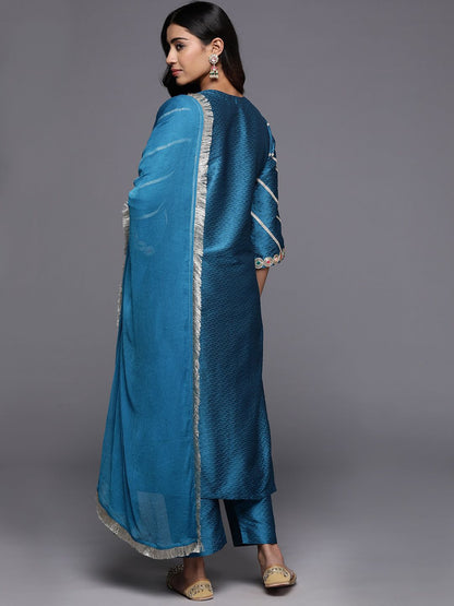 Dhiyona VA Women'sWoven Design Notch Neck Thread Work Straight Kurta With Trousers & Dupatta