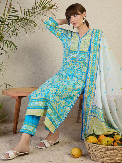 Women Floral Printed Cotton Kurta with Trousers & Dupatta