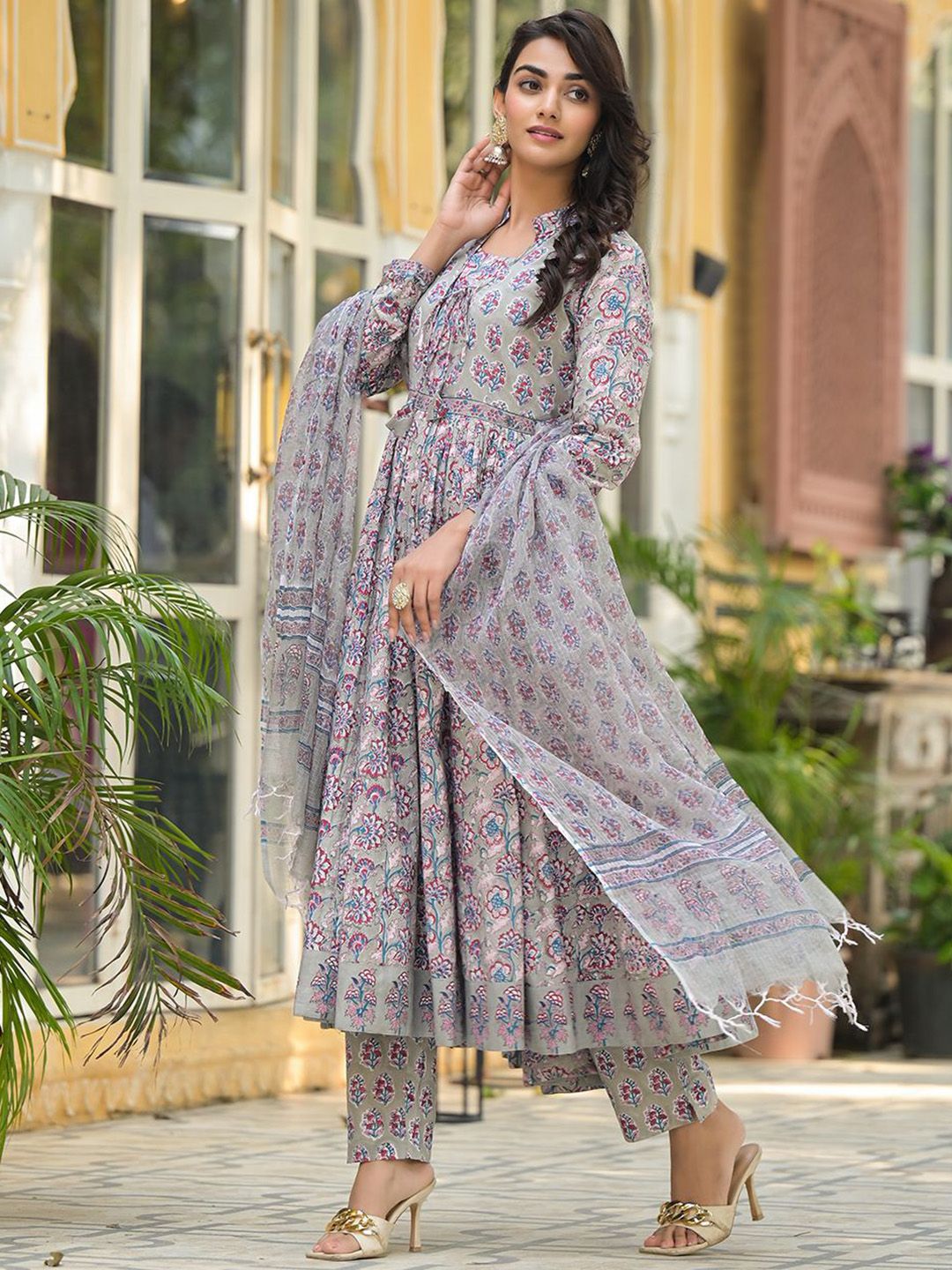 Dhiyona KL Floral Printed Pleated Pure Cotton Anarkali Kurta With Trousers & Dupatta
