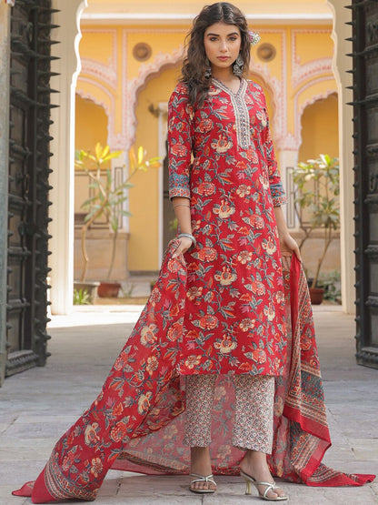 Dhiyona RR Women's Floral Printed V-Neck Sequinned Pure Cotton Kurta Set