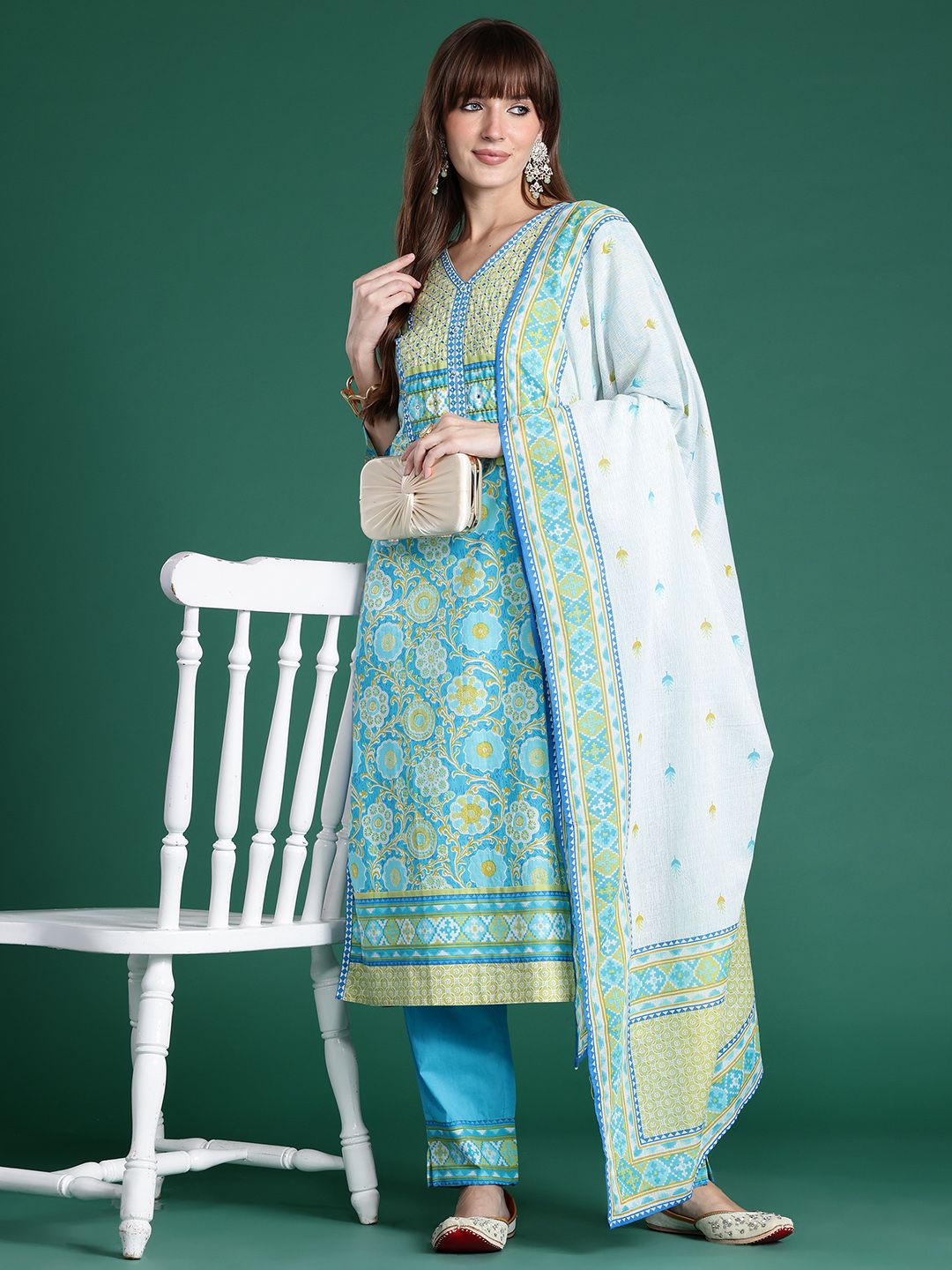Dhiyona IE Floral Printed Mirror Work Pure Cotton Kurta with Trousers & Dupatta