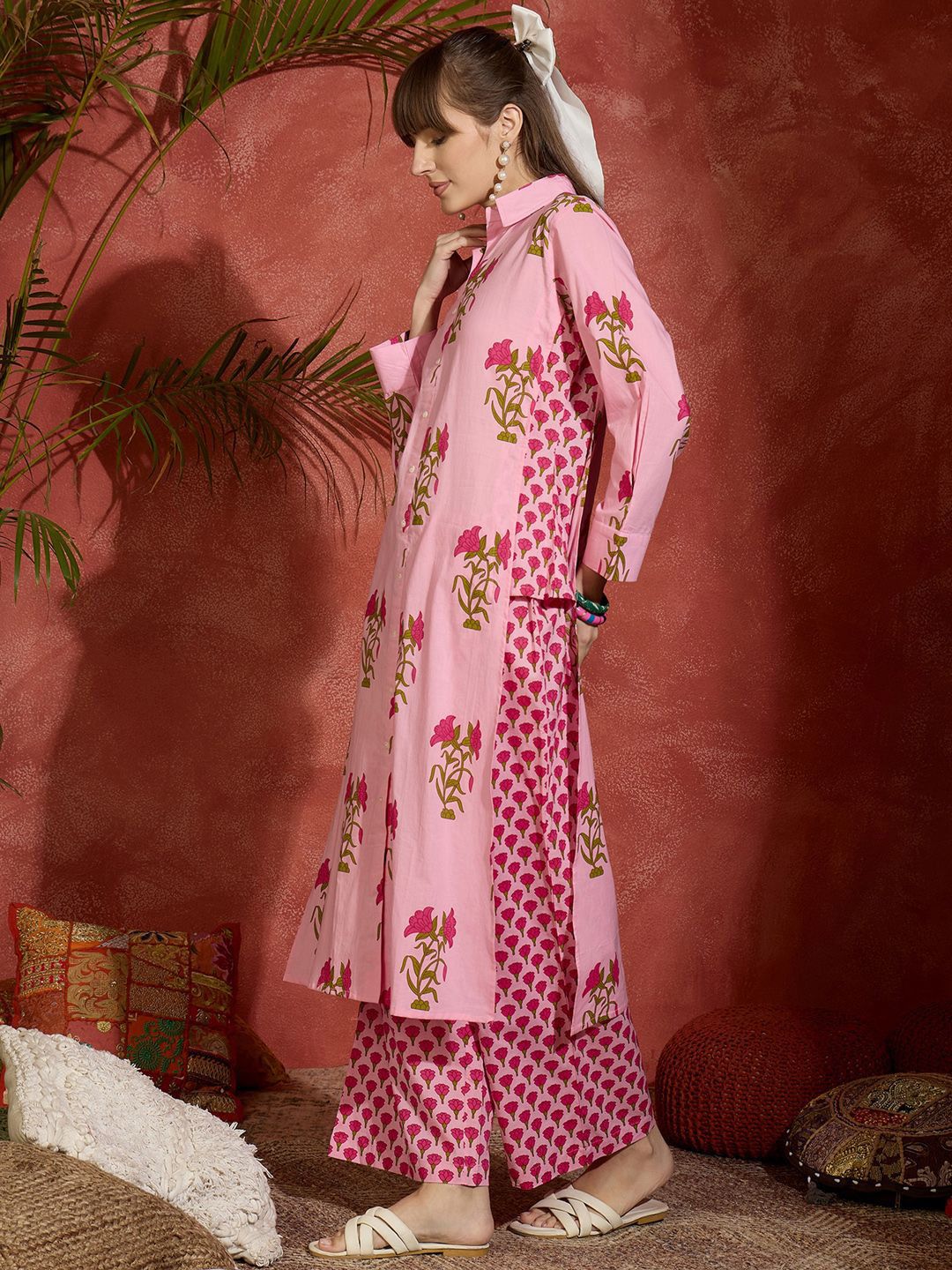Floral Printed Shirt Collar Pure Cotton Straight Kurta With Palazzos