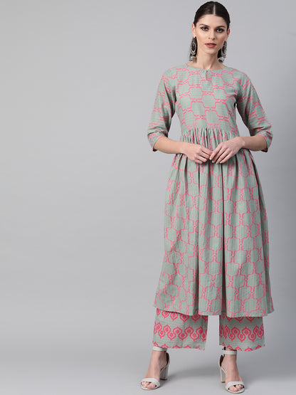 Women Green & Pink Printed Kurta with Palazzos