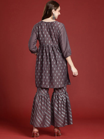 Dhiyona AN Floral Printed Regular Sequinned A-Line Kurti With Sharara