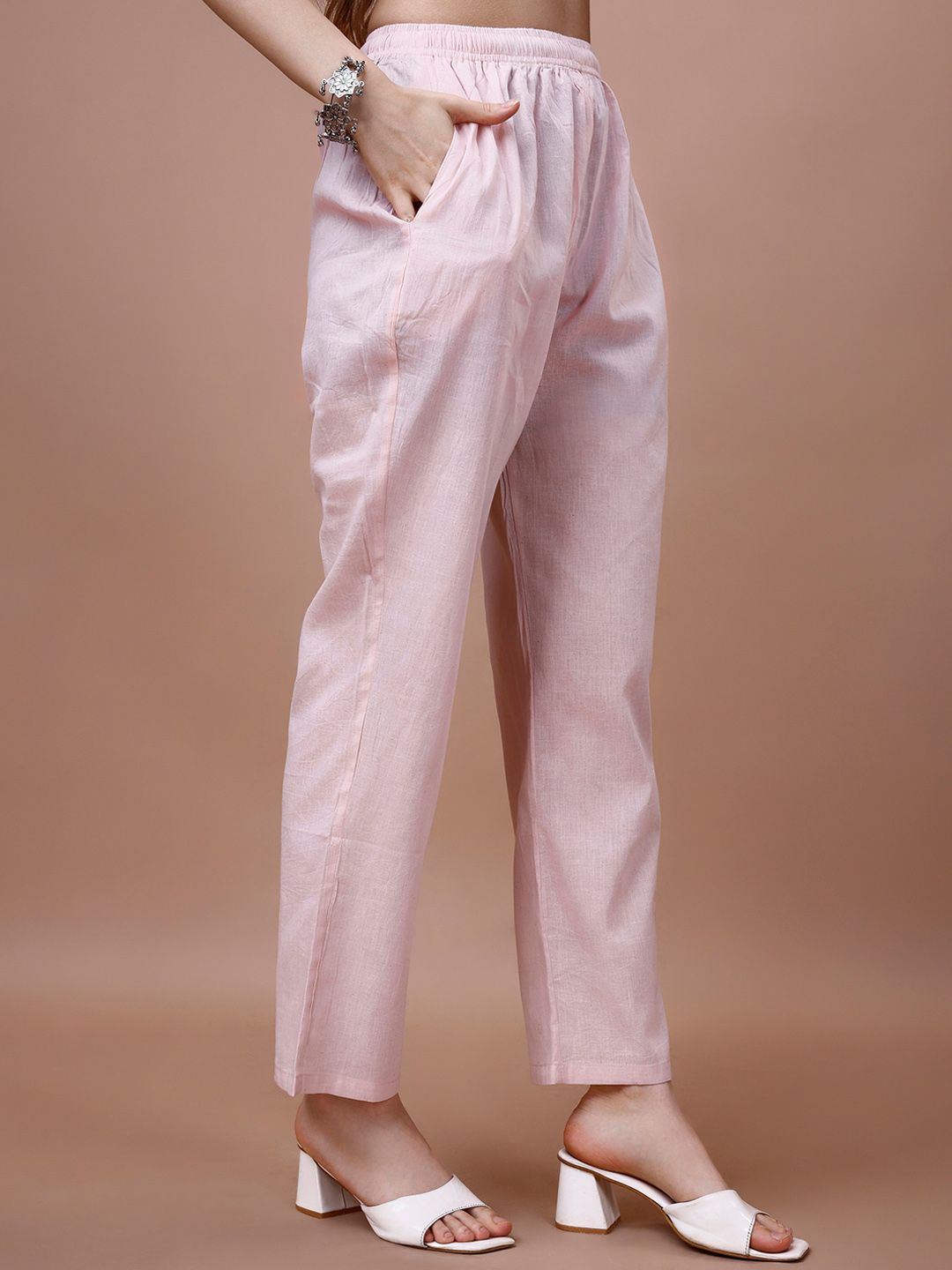 Dhiyona IS Women's Striped Band Collar Thread Work Straight Kurta & Trousers With Dupatta