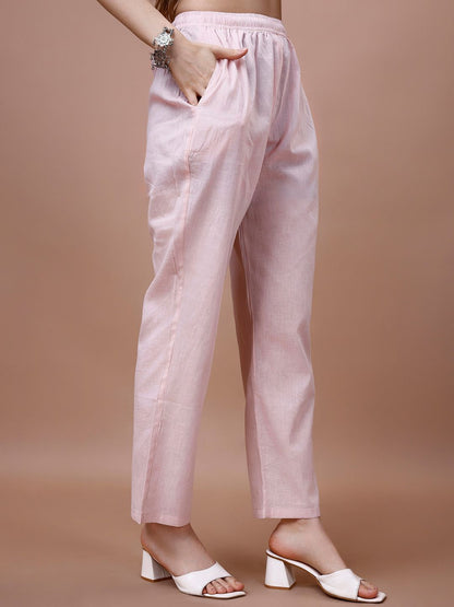 Dhiyona IS Women's Striped Band Collar Thread Work Straight Kurta & Trousers With Dupatta