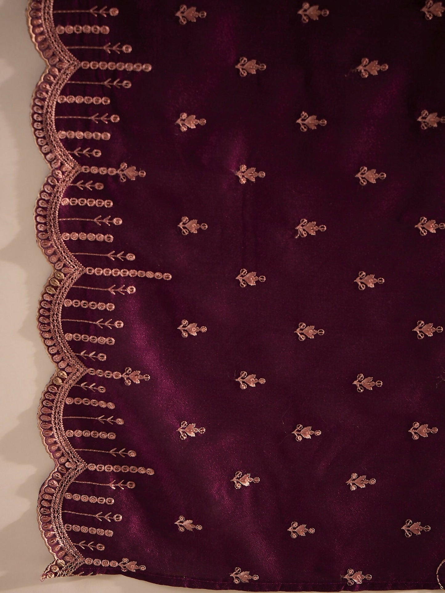 Women's Burgundy Ethnic Motifs Embroidered Sequinned Kurta with Trousers & With Dupatta