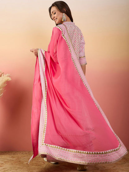 Dhiyona SN Printed Shirt Collar Kurta, Palazzo & Dupatta Set