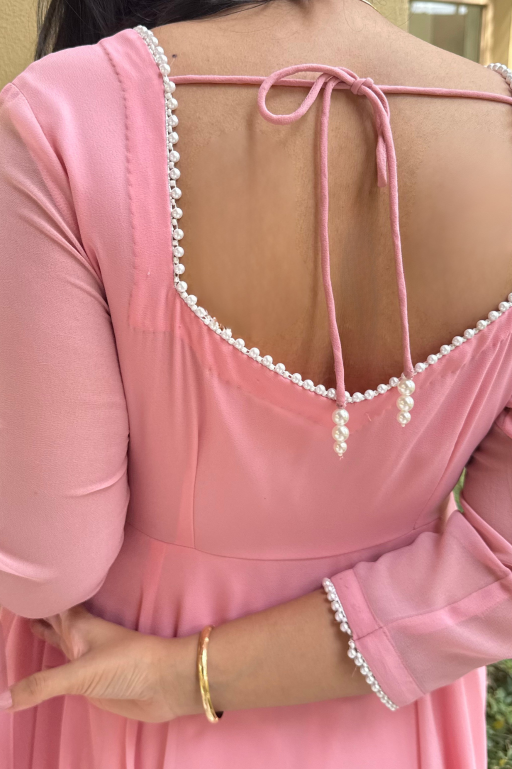 Dhiyona ST 3 pc Suit Set -Light Pink Pearl Edge Georgette 3/4th Sleeve Anarkali with Dupatta and Pants