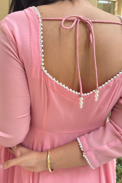 Dhiyona ST 3 pc Suit Set -Light Pink Pearl Edge Georgette 3/4th Sleeve Anarkali with Dupatta and Pants