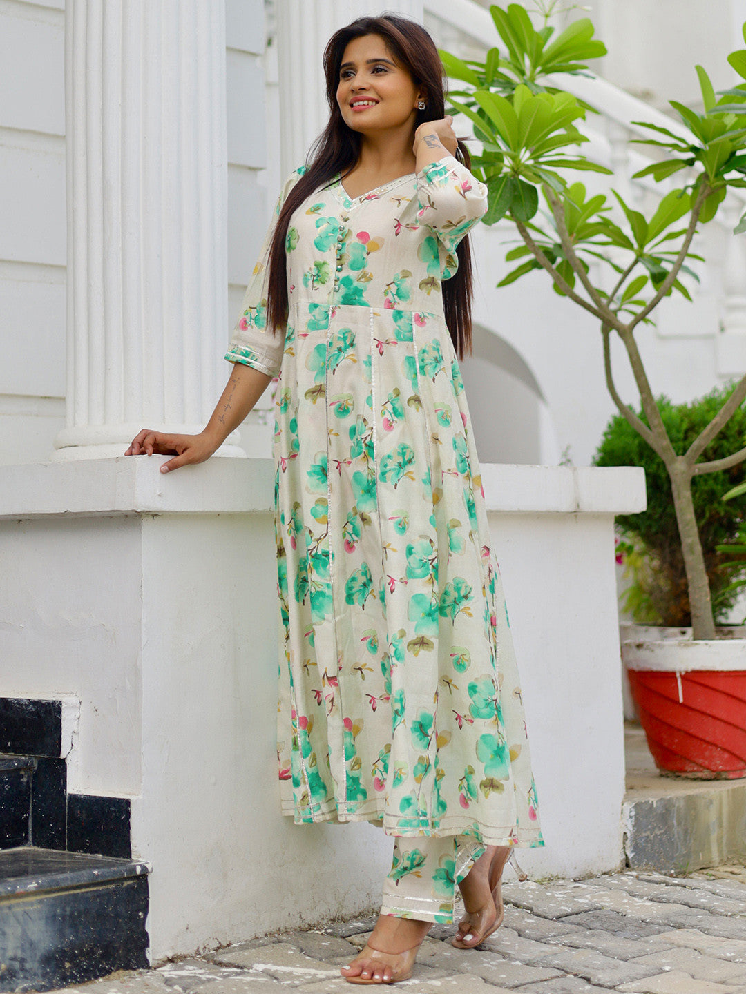 Womens Off White Printed Anarkali Kurta With Trousers