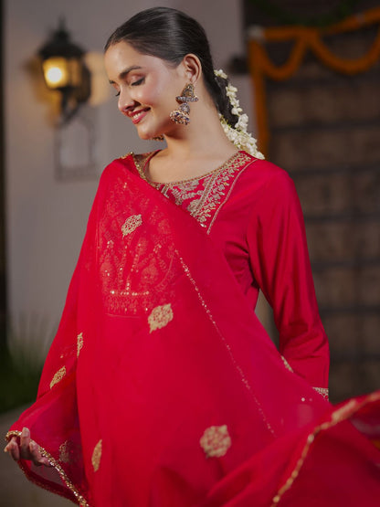 Women Ethnic Motifs Embroidered Regular Kurta with Trousers & With Dupatta