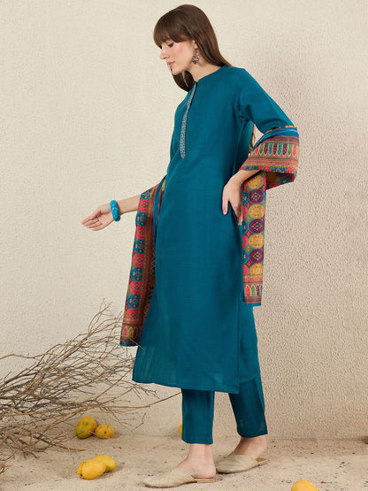 Women Solid Embroidered Kurta with Trousers & Dupatta