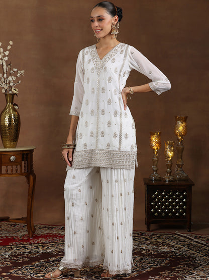 Floral Embroidered Sequinned Georgette Straight Kurti With Palazzos & Dupatta