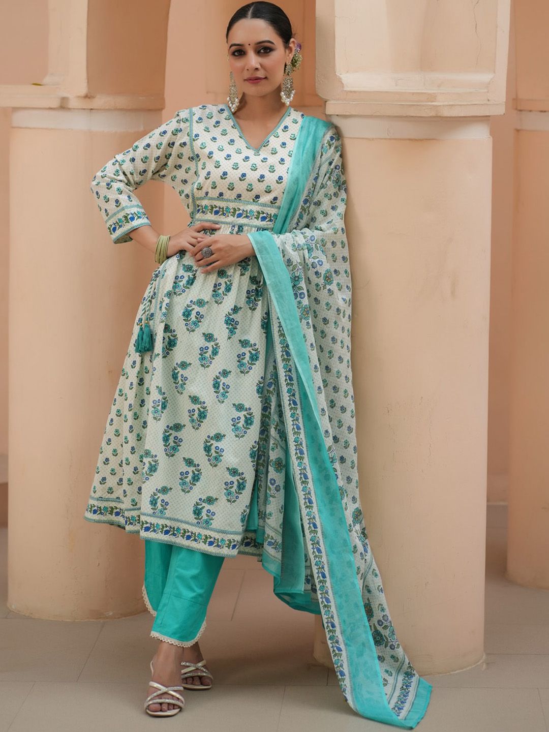 Dhiyona RR Women's Floral Printed Sequinned Pure Cotton A-Line Kurta With Trousers & Dupatta