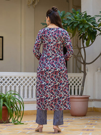 Dhiyona KL Floral Printed V Neck Straight Kurta With Trousers & Dupatta