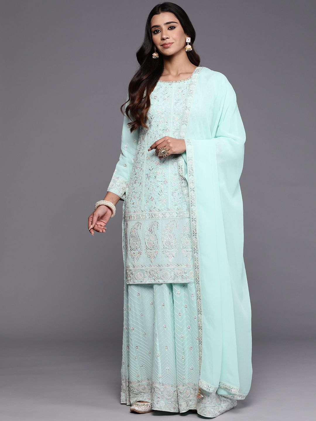 Dhiyona LL Women Floral Embroidered Regular Beads and Stones Kurta with Palazzos & Dupatta