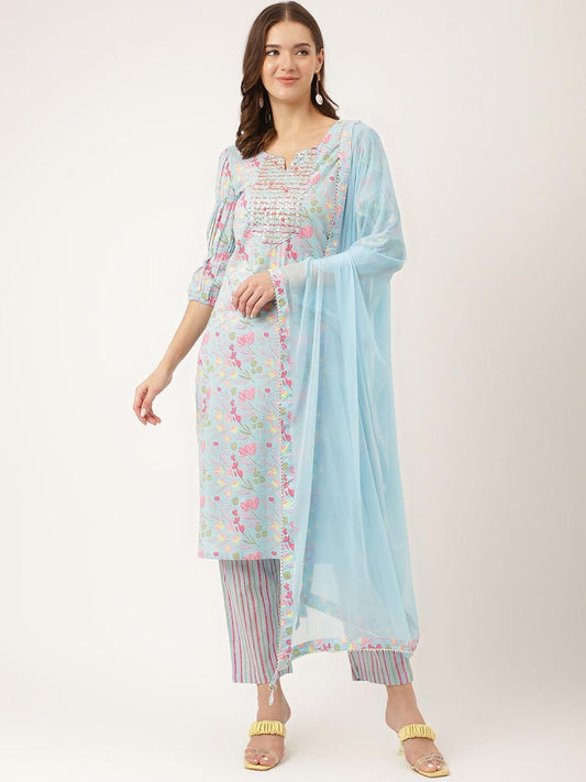 Dhiyona KL Floral Printed Regular Gotta Patti Pure Cotton Kurta With Trousers & Dupatta